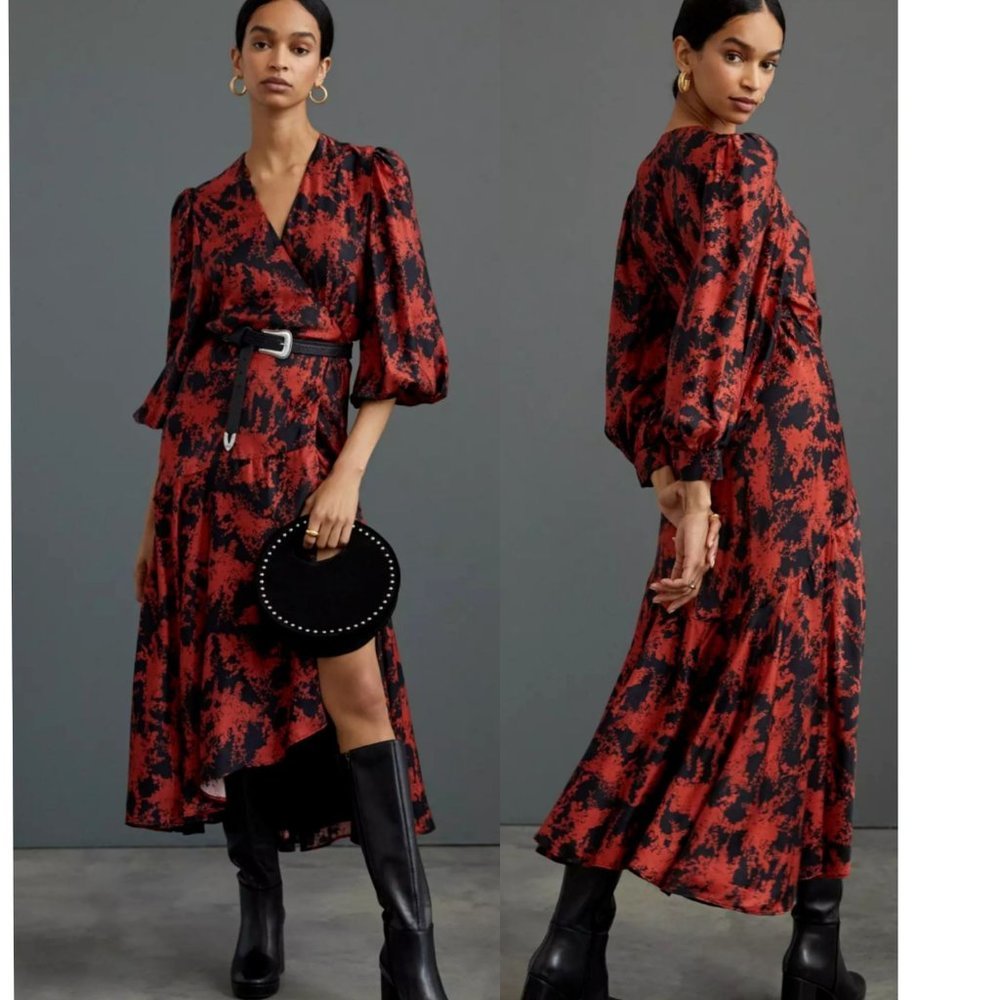 Anthropologie Caballero Abstract Wrap Midi Dress Silk Blend Lined Size Large NEW